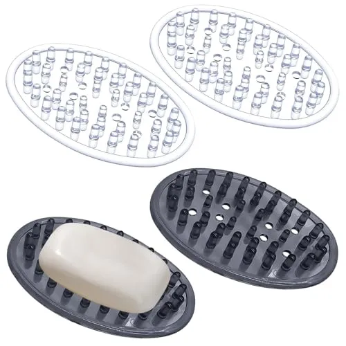 Seifenschale Kunststoff 4er Set Transparente & Rauchschwarze Seifenablagen – Ovale Seifenteller Mit Ablauf – rutschfeste Seifenschale Für Badezimmer, Küche & Waschbeckenbereich