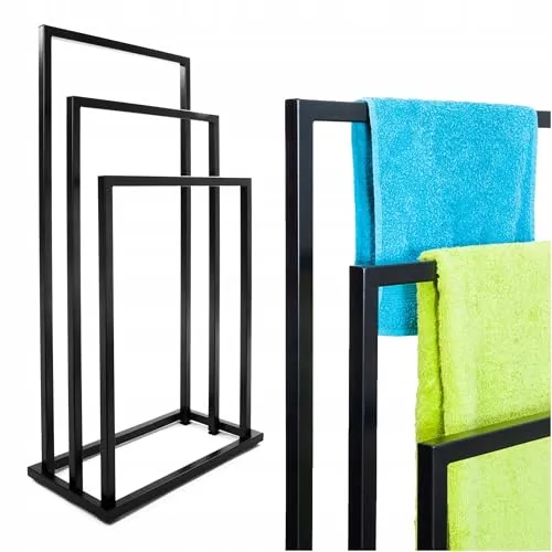 Kapaga - Handtuchhalter geschweißt Metall, 3 Stangen - Freistehender, Schwarz, Badetuchhalter, Handtuchständer, Badezimmerzubehör, 20mm Rohr, Sofort einsatzbereit