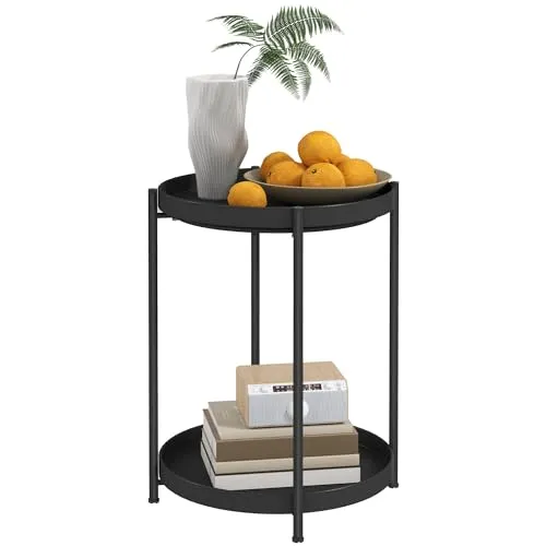 HOMCOM Beistelltisch mit 2 Ablageflächen, Rund - Ablagetisch für Wohnzimmer und Schlafzimmer, bietet praktischen Stauraum mit zweistufigem Regal und stabiler Metallkonstruktion für vielseitige Nutzung.