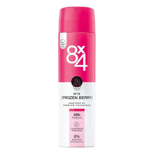 8x4 Deo Spray Women No 15 Frozen Berry - Fruchtig-florales Deo Spray mit Himbeernote, 48h zuverlässiger Schutz und ohne Aluminiumsalze. Ideal für jeden Hauttyp und sorgt für ein frisches Gefühl den ganzen Tag.