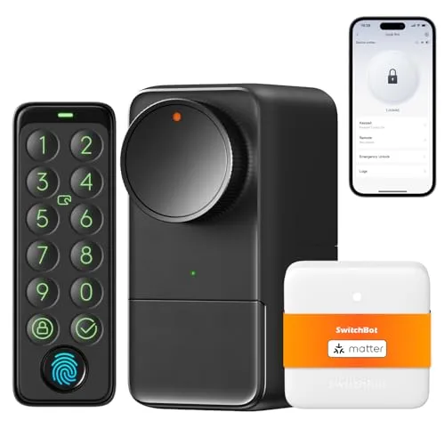 SwitchBot WLAN Smart Lock Pro mit Touchscreen-Tastatur - Türsicherungen mit bis zu 15 Entsperrungsmethoden: Fingerabdruck, Code, Sprachbefehl und mehr. Einfache Installation ohne Bohren, unterstützt Matter für nahtlose Smart Home Integration.