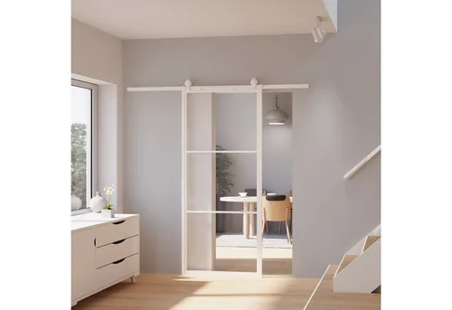 inova wohnen Glasschiebetür Klarglas mit weißem Stahlrahmen (Komplett Set, inkl. offener Laufschiene und Bügelgriff), beidseitiger Softclose, Loftstyle