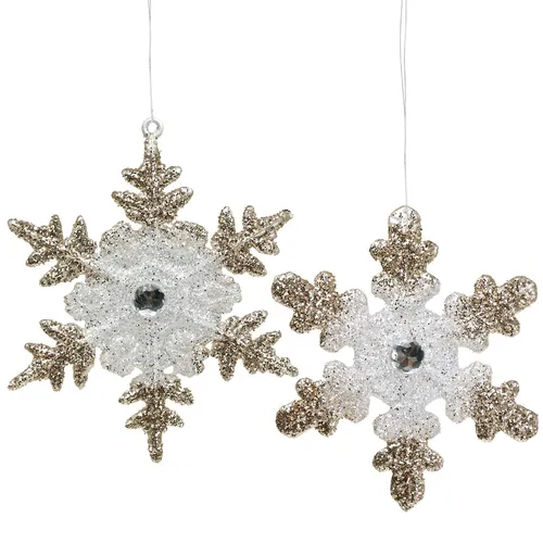 Schneeflocken-Dekohänger mit Glitzer und Schmuckstein, 2 Stück