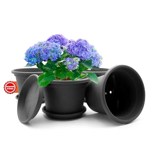BigDean 4 Stück Blumentopf mit Untersetzer rund ø 30 cm Anthrazit – wetterfester Pflanzkübel Made in Europe