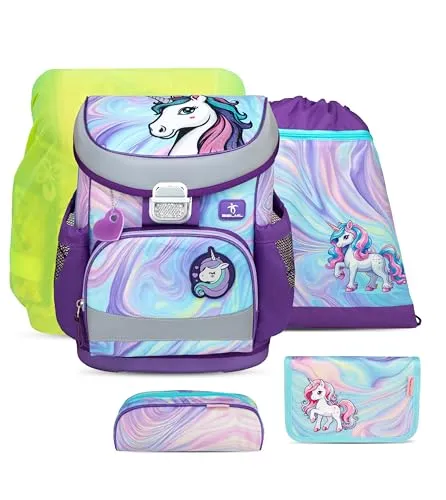 Belmil ergonomischer Schulranzen Set 5-teilig mit Regenschutz 1, 2 Klasse Grundschule/Super Leicht 800-860 g/Brustgurt 405-33/AG/S/R (Unicorn Dream)