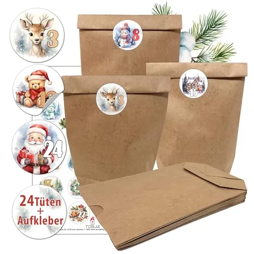 TOBJA Adventskalender zum befüllen - 24 XL Kraftpapiertüten mit Aufklebern für den individuellen Weihnachtskalender Zum Selbstgestalten und Befüllen. Adventskalender Tüten basteln (Bunt)