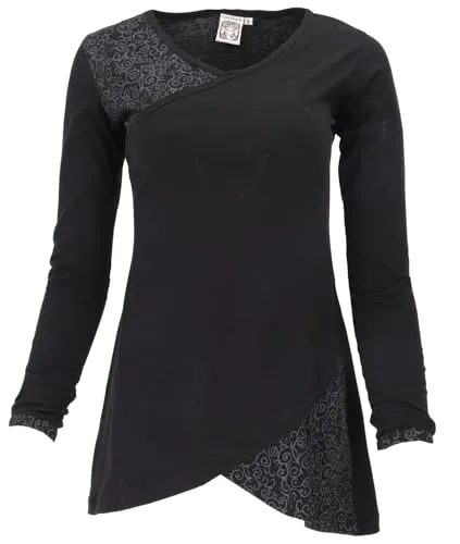 GURU SHOP Hippie Minikleid Boho Chic - Schwarz, Damen, Baumwolle, Size:S - Freizeitkleider für Damen, stylisches Minikleid in Wickeloptik mit dezentem Druck und bequemen Armbündchen, ideal für lässige Anlässe.