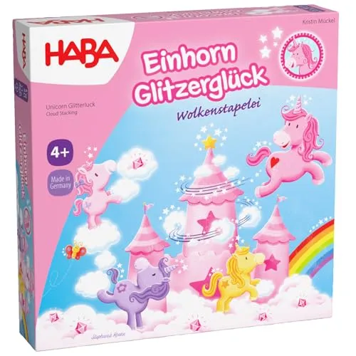 HABA Einhorn Glitzerglück: Wolkenstapelei – Stapelspiel für Kinder mit Einhörnern, Holz-Wolken & 10 glitzernden Wolkenkristallen, ab 4 Jahren – 2012232001