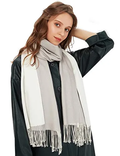 MaaMgic Schal Damen Zweifarbig Stola mit Baumwolle Herbst Winter Mehrfarbige Deckenschal MEHRWEG Weiß Hellgrau