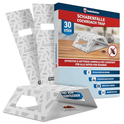 Veddelholzer XXL 3 in 1 teilbare Schabenfalle mit integriertem Köder Lockstoff 30 Stück Effektive Kakerlakenfalle gegen alle Schaben Arten Giftfrei, Geruchlos, Umweltfreundlich, Einfache Anwendung