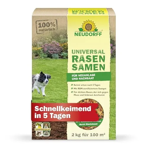 Neudorff UniversalRasenSamen – Hochwertige Rasensamen - Gräsersamen für 100 m², schnellkeimend in nur 5 Tagen, ideal für dichte, grüne Rasenflächen, die Moos und Unkraut widerstehen.