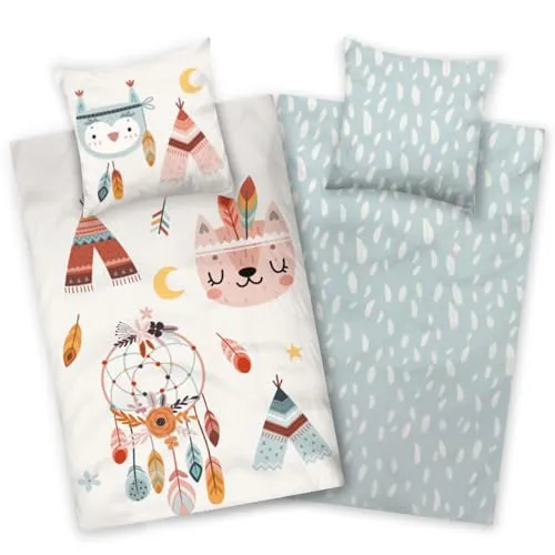 Produktbild Aminata kids Bettwäsche Baumwolle 135x200 Indianer Traumfänger Biber Bettwäsche warm, weich & kuschelig mit Reißverschluss