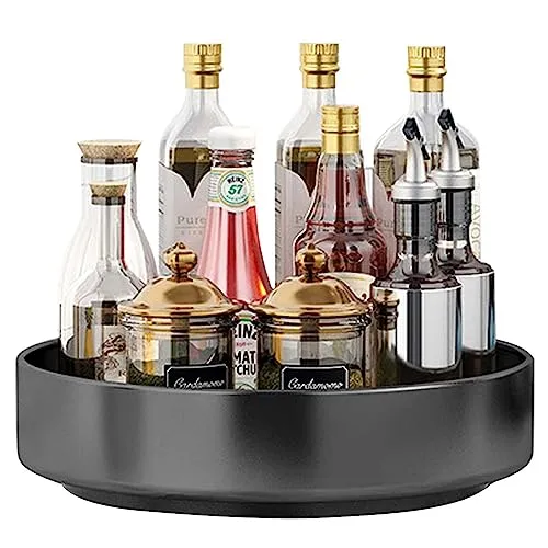 Küche Organizer Drehteller aus Kohlenstoffstahl, 26cm Schwarz Küchenschrank Drehteller Organizer, Grosse Kapazität Gewürzregal Drehbar Anti Rutsch Küchenlagerungs Zubehör für Küchenregal Arbeitsplatte