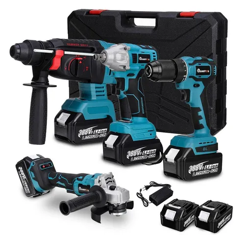 Insma Schlagbohrmaschine 4 IN 1 Multi Elektrowerkzeugsatz, (4-tlg., Bürstenlose 125mm Winkelschleifer + Bohrmaschine + Elektrischer Hammer), inkl. 2 Akkus Set und Koffer