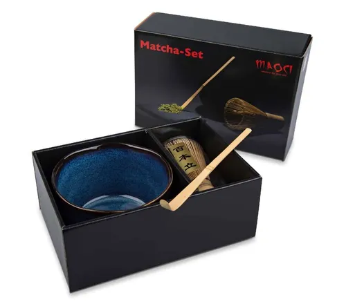 Maoci - Matcha Teeset dreiteilig (blau) - Geschenkkarton - Schale,Besen & Löffel