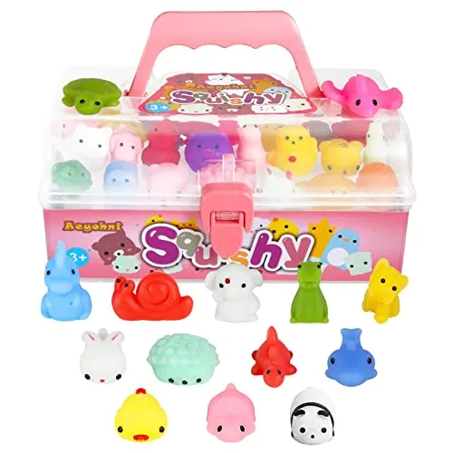 Aeyohni Squishy Toys 50 STK. Squishies Spielzeug Mochi Squishy als Mitgebsel für Kindergeburtstag Stress Abbauen Adventskalender Gummitiere Ostereier Füller Weihnachten mit Box (Keine Duplizierung)