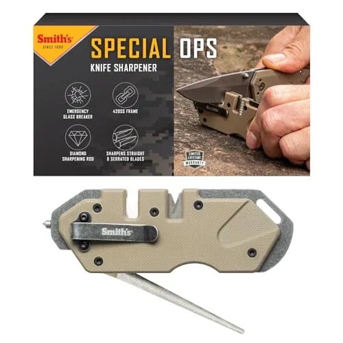 Smith's 50980 Pocket Pal Taktischer Messerschärfer – Desert Tan – 2-stufiger Schärfer & Diamant-Schärfer – Taschenclip – Jagdmesser und Hakenschärfer – kompakt und leicht