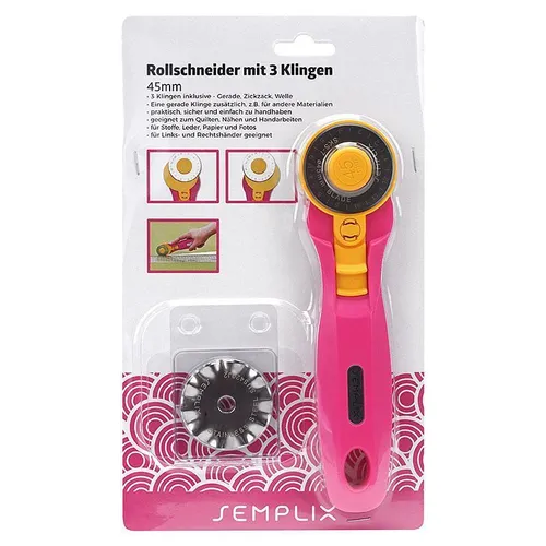 Semplix Rollschneider Maxi mit 3 Klingen - (45 mm/ Gerade/ Wellen/ Zacken/ pink)