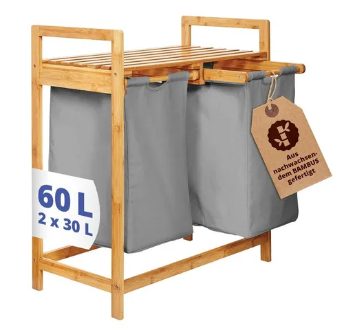 Lumaland Ausziehwäschekorb aus Bambus mit 2 Wäschesäcken in grau von Lumaland