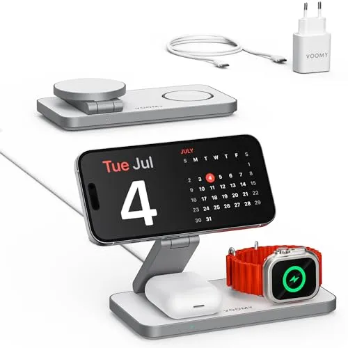 Voomy 3-in-1 Ladegerät – Induktive Ladestation für iPhone, AirPods & Apple Watch - Kabellose Qi-Ladegeräte – 3-in-1 Funktionalität für gleichzeitiges Laden von iPhone, Apple Watch und AirPods, inkl. 15W Schnellladefunktion und faltbarem Design für unterwegs.