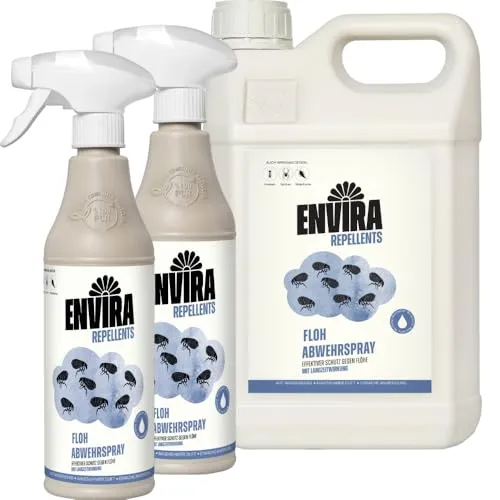Envira Floh Abwehrspray 2 x 500 ml + 5 Liter - Spray mit Langzeitwirkung gegen Flöhe, Katzenfloh, Hundefloh - Mittel gegen Flöhe für Wohnung & Möbel - Effektives Flohmittel & Flohschutz