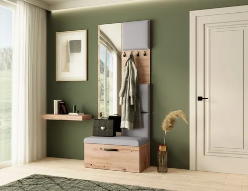 Garderobe MARGARET III, Artisan + Grau - Elegante Flurgarderobe mit Spiegel und Schuhschrank - Drohnen - Stilvolle Garderobe mit gepolsterten Paneelen und praktischem Schuhschrank für Ordnung und Komfort im Flur.