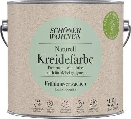 Schöner Wohnen 2,5L Naturell Kreidefarbe Frühlingserwachen - Farben in leichtem Olivgrün, umweltfreundlich und mit mattierendem Glanzgrad für ein harmonisches Wohnambiente.