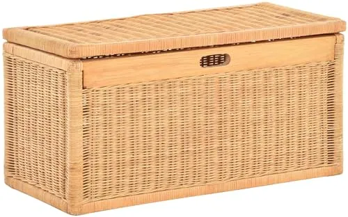 Rattan Korb mit Deckel - 68cm Breite, geflochten - Aufbewahrungsbehälter mit Deckel aus handgefertigtem Rattan, ideal für stilvolle Ordnung im Badezimmer. Mit Klappdeckel und robustem Holzrahmen, perfekt für vielseitige Nutzung.