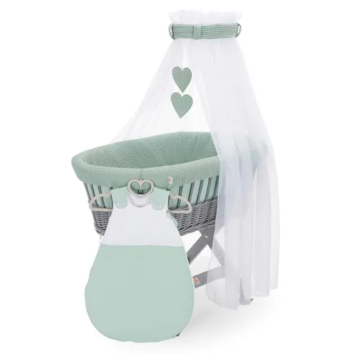 FabiMax Stubenwagen Grau Komplettset mit Matratze, Musselin-Schlafsack oder Bettwäsche, Himmel & Weidenkorb (Schlafsack, Grün)