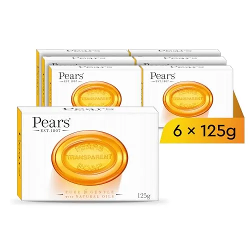 Pears Pure & Gentle Transparente Seifenstücke mit natürlichen Ölen - Angereichert mit ätherischen Ölen, Tägliche Anwendung für Gesicht & Körper, Für alle Hauttypen, Männer & Frauen - 6er Pack, 125g