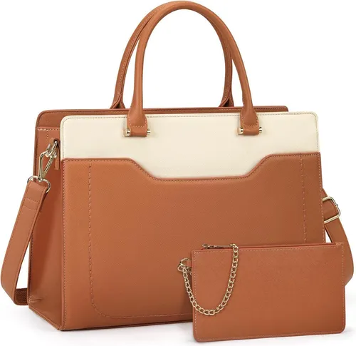 Große Laptoptasche Damen 15.6 Zoll aus PU Leder in Braun