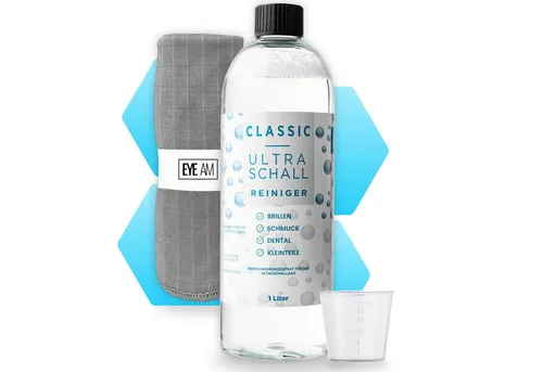 EyeAm Ultraschallreiniger Konzentrat, Ideal für Brillen, Schmuck, Dental, Glasreiniger (Inkl. Mikrofasertuch)