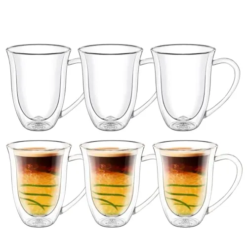 Wilmax Thermogläser mit Henkel - 6er Set - Kaffee- & Teegläser aus hitzebeständigem Borosilikatglas, doppelwandig für optimale Wärmedämmung und elegantes Design, ideal für heiße und kalte Getränke, spülmaschinenfest.