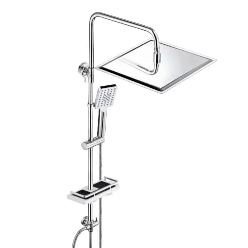 JOHO Edelstahl Duschsystem mit Regendusche ohne Armatur, 30x30 cm Chrom | Regenduschset mit Höhenverstellbare Duschstange 74–114 cm, 3 Strahlarten Handbrause, XXL Duschablage ohne Bohren