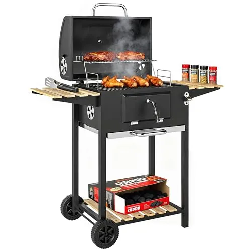 Outsunny Holzkohlegrill aus Edelstahl fahrbar Kohlegrillwagen mit Räder Thermometer Deckel Grillrost, Grillwagen mit Griff verstellbar Kohlewanne Holzablage BBQ Smoker für Garten Camping 112x58x107cm