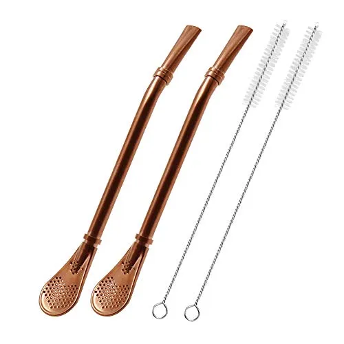 Edelstahl Trinkhalme mit Filterlöffel, 2 Pack Tee-Strohhalme, Mate Bombilla, Kaffee-Rührstab für Eistee, Cocktail, mit 2 Reinigungsbürste (Roségold)
