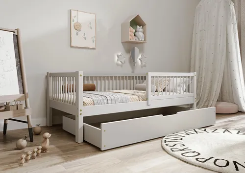 TIMBEE Alfi Box Kinderbett 90x200 mit Schublade Kiefernholz Bett Grau