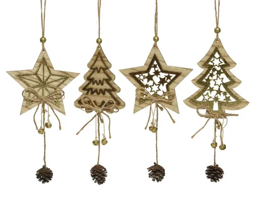 Kaemingk Christbaumschmuck, Christbaumschmuck Sterne / Tannenbäume 22x12cm Holz 4er Set braun