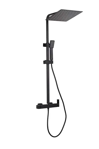 VALAZ Duschsäule Einhebelmischer Schwarz matt | Kalt- und Warmwassermischer, wassersparend, einfache und schnelle Installation, rostfrei, rund, Länge 80-120 cm, Sprüher 20 cm, Serie Segura