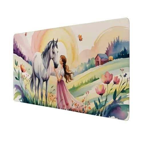 Pferde Mädchen Sonnenuntergang Schreibtischunterlage 69x31cm XXL Mauspad Dekoriert mit idyllischem Sonnenuntergang - Perfekt für Reiterinnen
