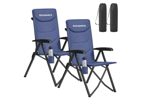 SONGMICS Campingstuhl faltbar, 2er Set mit verstellbarer Rückenlehne und Getränkehalter - Blau - Ergonomischer Campingstuhl mit 70 cm hoher Rückenlehne und 6 Neigungsstufen für optimalen Sitzkomfort. Inklusive Tragetasche und Schultergurt für einfachen Transport – perfekt für Garten, Camping und Ausflüge.