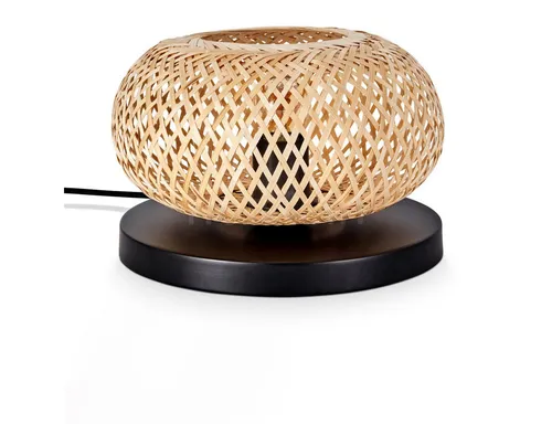 Hofstein Tischleuchte aus Metall und Bambus, Schwarz/Natur, E27 - Elegante  Tischleuchte im Boho-Style, ideal für Esszimmer und Wohnzimmer. Der Gitterschirm aus Bambus sorgt für eine angenehme Lichtverteilung. Hochwertige Materialien für eine stilvolle Atmosphäre.