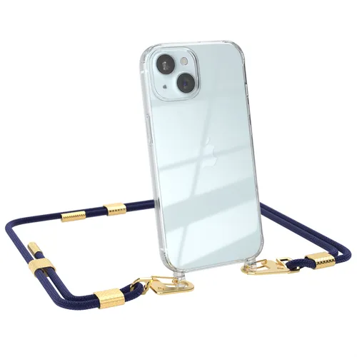 Für Apple iPhone 15 Handykette Handyband Karabiner Transparent Hülle Nacht Blau