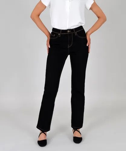 ESRA Damen Jeans Schwarz High Waist - Bequeme Straight Leg Hose bis Plus Size - Damen-Jeanshosen aus extra weicher Baumwolle mit hohem Bund. Die flexible Stretch-Jeans bietet maximalen Tragekomfort und ist umweltfreundlich in der Türkei produziert. Erhältlich bis Plus Size.