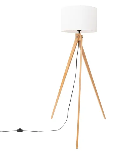 Stehlampe Weiß Natur 140 cm Dreibein E27 Stoff Holz - Skandinavische Dreibein-Stehlampe aus Holz und Stoff, ideal für gemütliche Lichtakzente. Mit praktischem Fußschalter und individuellem Leuchtmittel für warmes Ambiente in Wohn- und Schlafräumen.