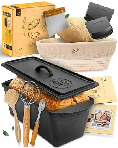 KRUSTENZAUBER Brotbackform XXL Komplettset mit Deckel – 28cm Gusseisen - Vielseitiges Komplettset für Backliebhaber: Die Gusseisen Kastenform mit Zubehör wie Gärkorb und Brotschlinge sorgt für optimale Backergebnisse. Genieße den Duft von frisch gebackenem Brot in deiner Küche!
