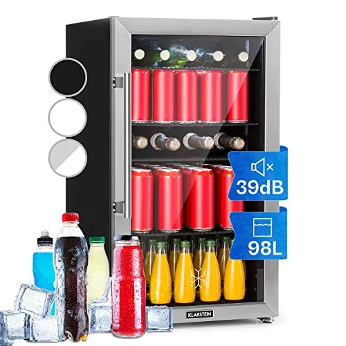 Klarstein Mini Kühlschrank mit Glastür - Getränkekühlschrank mit 98 Litern, ideal für Zimmer und Camping. Leise und energieeffizient, mit verstellbaren Ablagen für große Flaschen und stilvollem Design.