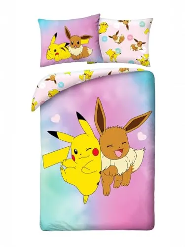 Pokemon Pikachu und Eevee Bettwäsche-Set - Bettwäsche-Set für Einzelbetten, wendbar mit 100% Polyester, ideal für Pokemon-Fans und maschinenwaschbar für einfachen Komfort.