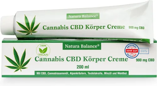 Natura Balance Körpercreme 200ml Cannabis Creme mit 900mg CBD Teufelskralle Alpenkräuter kühlend, kann wohltuend wirken für Muskeln und Gelenke