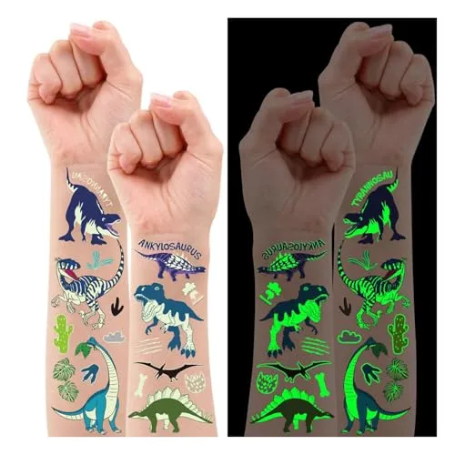 Leesgel Dino Tattoo Kinder, 160 Stück Leucht Kindertattoos Dino Aufkleber für Geschenk Junge ab 5 6 7 8 9 Jahre, Dinosaurier Spielzeug Mitgebsel Kindergeburtstag Adventskalender Füllung Kinder
